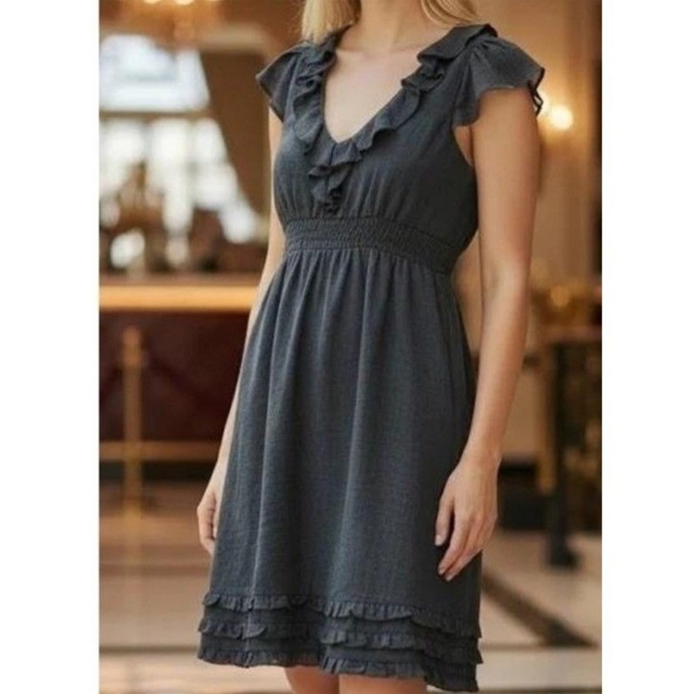 Maeve Anthropologie Wool Blend Ruffle Smocked Empire Waist Mini Dress Grey 6 - Picture 1 of 8